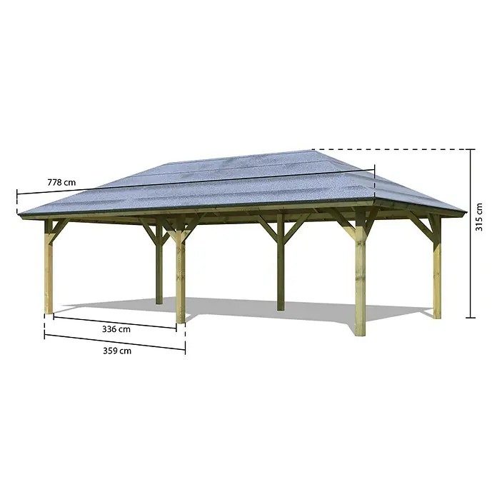 Karibu Pavillon Holm 2 - 778 x 431 cm, Schiefergrau, Natur - Abbildung eines Holzpavillons mit Maßangaben für Breite, Länge und Höhe.