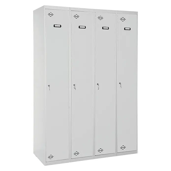 Simonrack Simonlocker Taquilla Prof. Single - L x An x Al: 50 x 120 x 180 cm, Número de puertas: 4 ud., Gris/Gris - Un armario de color gris claro con cuatro compartimentos, ideal para guardar objetos personales o material de trabajo de forma organizada.