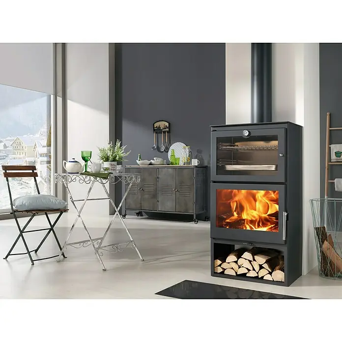Panadero Estufa de leña Gourmet - 7,1 kW, Volumen de calefacción: 280 m³, Antracita - Una estufa de leña moderna con horno integrado, que combina calor y cocina en un diseño elegante.