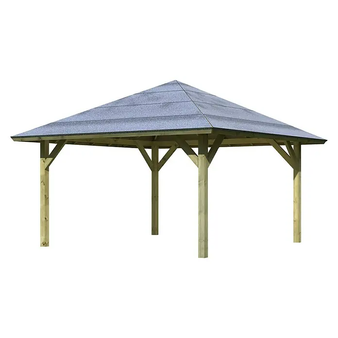Karibu Pavillon Holm 1 - 431 x 431 cm, Schiefergrau, Natur - Freistehender Holzpavillon mit sechseckigem Dach, ideal für den Garten. Bietet Schatten und Schutz im Freien.