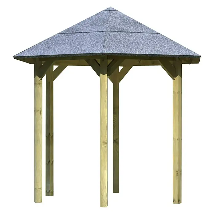 Karibu Pavillon Lissabon - Durchmesser: 299 cm, Schiefergrau, Natur - Das Bild zeigt ein sechseckiges Holzpavillon mit einem grauen Schindeldach, das einen schattigen Platz im Freien bietet.