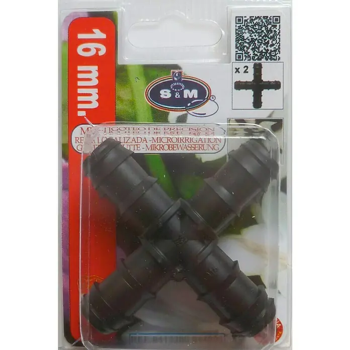 Cruceta goteo - Diámetro: 16 mm, 2 ud. - Paquete de racores cruzados para microirrigación S&M de 16 mm (2 piezas) para un riego de jardín localizado y preciso.