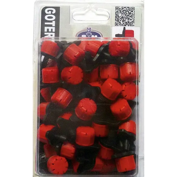 Gotero lineal regulable - 70 l/h, 50 ud. - Paquete de goteros de riego, ideal para el riego preciso del jardín. Los goteros rojos y negros aseguran una distribución eficiente del agua.