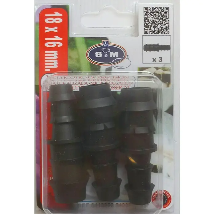 Manguito de unión reductor goteo 18 x 16 mm - 18 mm - 16 mm, 3 ud. - Envase de conectores de irrigación negros S&M de 18x16mm, ideales para microirrigación de precisión en el jardín. Accesorios prácticos para cada jardinero.