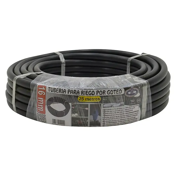 Tubo PE goteo - Ø x L: 16 mm x 25 m, Plástico - Rollo de 25 metros de tubería de riego de polietileno negro con un diámetro de 16 mm.