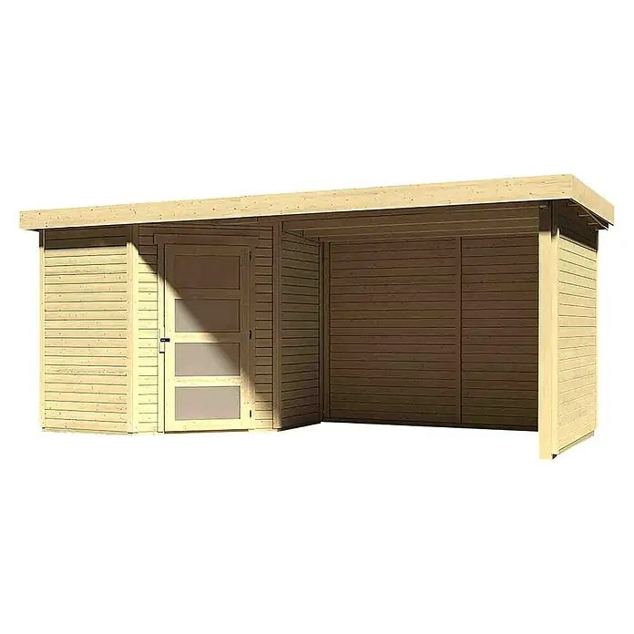 Karibu Gartenhaus Schwandorf 3 - Außenmaß inkl. Dachüberstand (B x T): 504,5 x 238 cm, Holz, Natur, Mit Seitendach, Rück- und Seitenwand - Ein helles Holzgartenhaus mit flachem Dach, einer Tür mit Glaspaneelen und einem überdachten Bereich daneben.