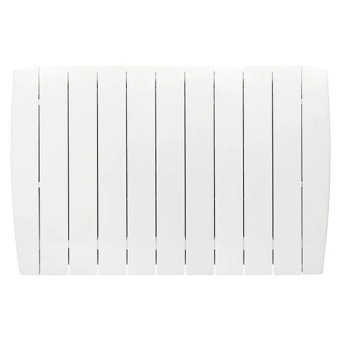HJM Emisor térmico Optima - 1.500 W, Blanco, 9,5 x 95 x 58 cm, Cerámico - Primer plano de un radiador blanco con costillas verticales, perfecto para una calefacción eficiente.