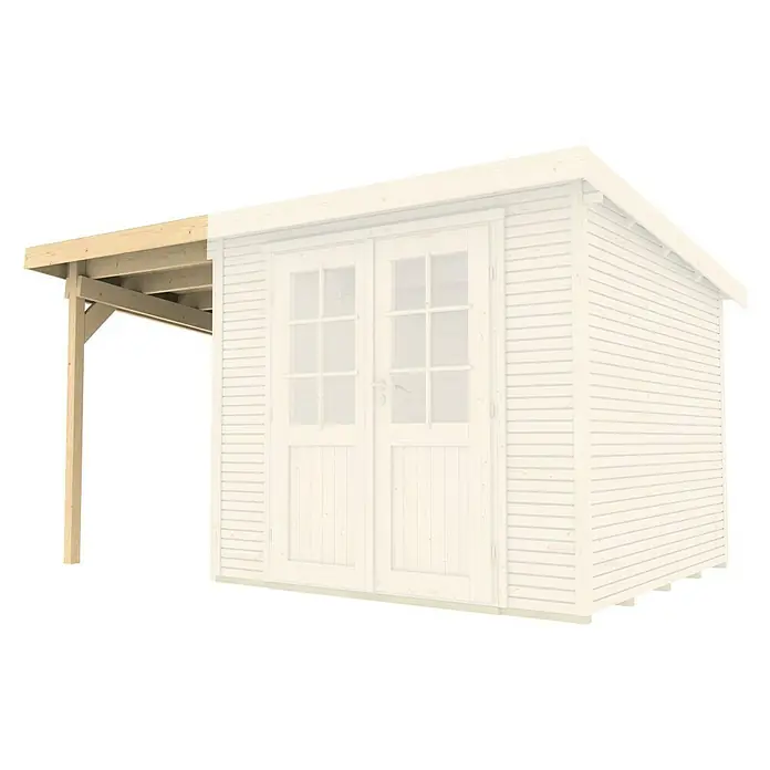 Weka Gerätehaus-Anbau162 cm, 286 cm, Holz, Natur, Passend für: Weka Gartenhaus wekaLine Gr. 1 & Gr. 2 - Illustration eines Holzschuppens mit einem kleinen Vordach, das von einem Holzpfosten gestützt wird.