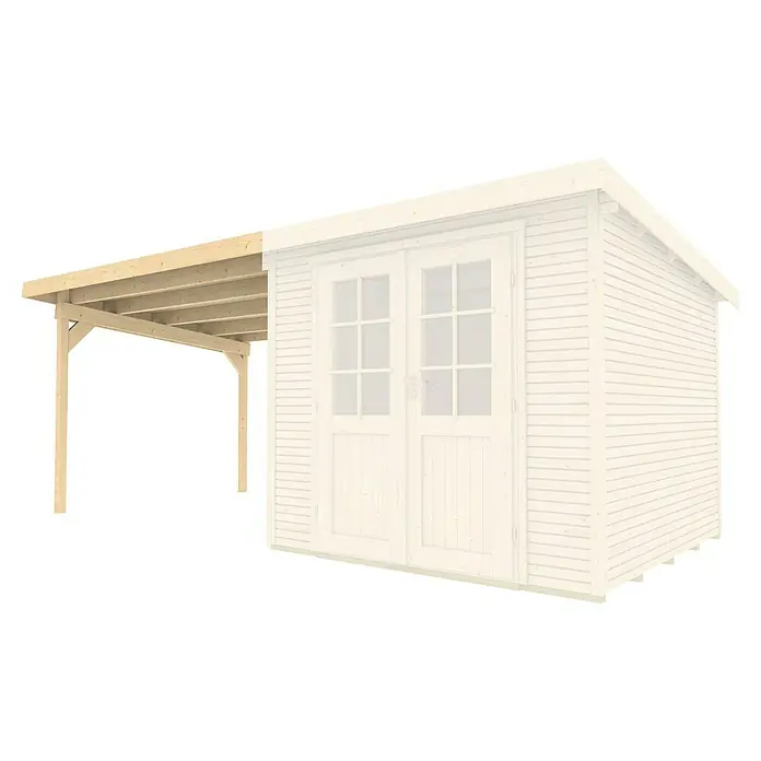 Weka Gerätehaus-Anbau - Außenbreite inkl. Dachüberstand: 312 cm, Außentiefe inkl. Dachüberstand: 286 cm, Holz, Natur, Passend für: Weka Gartenhaus wekaLine Gr. 1 & Gr. 2 - Abbildung eines Holzschuppens mit einem überdachten Anbau, der zusätzlichen Stauraum im Freien bietet.