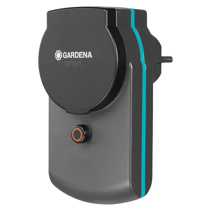 Gardena Smart system Zwischenstecker - Passend für: Einbindung von elektrischen Geräten in das Gardena smart system - Nahaufnahme des Gardena Smart Power Adapters, ein Gerät zur intelligenten Steuerung der Stromzufuhr im Garten.