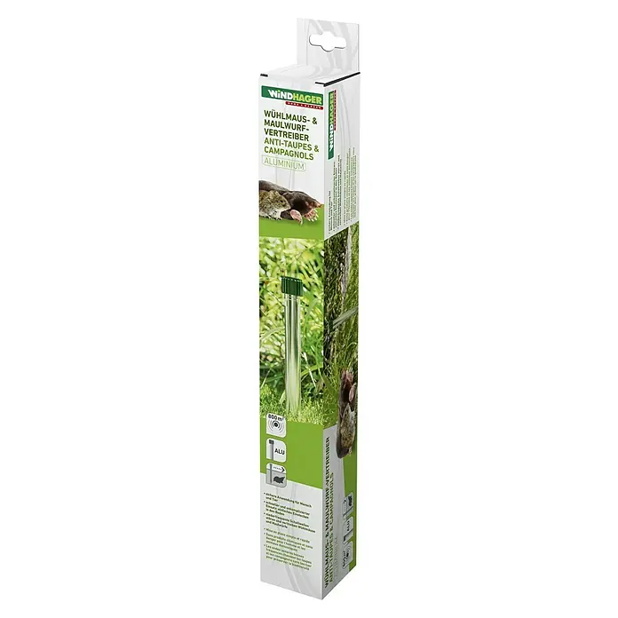 Windhager Nagetiervertreiber Wühlmaus Aluminium - Wirkungsbereich: 800 m² - Eine Packung Wühlmaus- und Maulwurfvertreiber "Anti-Taupes & Campagnols" aus Aluminium von Windhager.