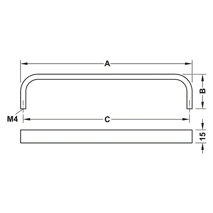 Häfele Möbelgriff - Typ Möbelgriff: Bügel, L x B x H: 13,4 x 4 x 1,5 cm, Sonstige - Abbildung eines Produkts mit den Maßen A, B, C, 15 und M4.