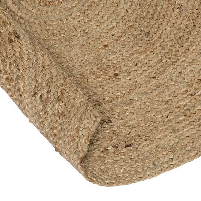 Alfombra textil plana Nazar - Beige, 150 cm - Vista detallada de una alfombra redonda de yute trenzado que muestra su textura natural y artesanía duradera.