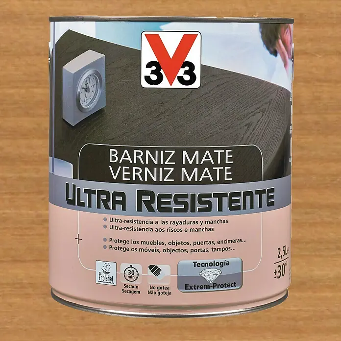 V33 Barniz para madera Mate Ultra Resistente - Roble oscuro, Mate, 750 ml - Bote de barniz mate "33", un barniz resistente para muebles, puertas y más, que ofrece protección contra arañazos y manchas, ideal para interiores.
