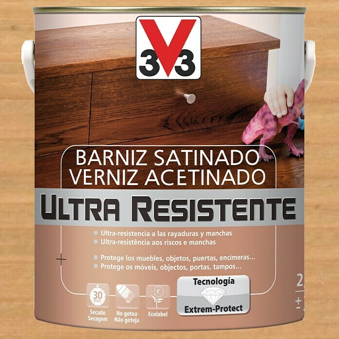 V33 Barniz para madera Satinado Ultra Resistente (Roble claro, Satinado, 2,5 l)