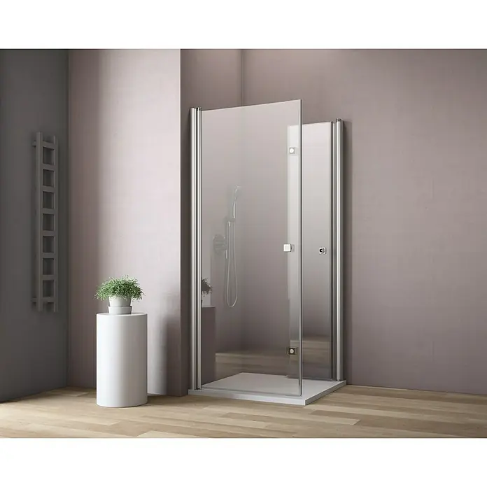 GEO Hit Eckdusche B-E140 - L x B x H: 90 x 90 x 202,2 cm, Unbeschichtet, Silber, Glasstärke: 6 mm - Bild eines modernen Badezimmers mit einer begehbaren Duschkabine mit klaren Glastüren und Chrombeschlägen, die einen stilvollen Raum betont.
