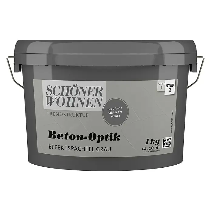 SCHÖNER WOHNEN-Farbe Trendstruktur Dekoputz-Set Beton-Optik - 5 -tlg., Grau - Nahaufnahme eines Eimers "Schöner Wohnen Beton-Optik" Effektspachtel in Grau, ideal für moderne Wandgestaltungen mit urbanem Stil.