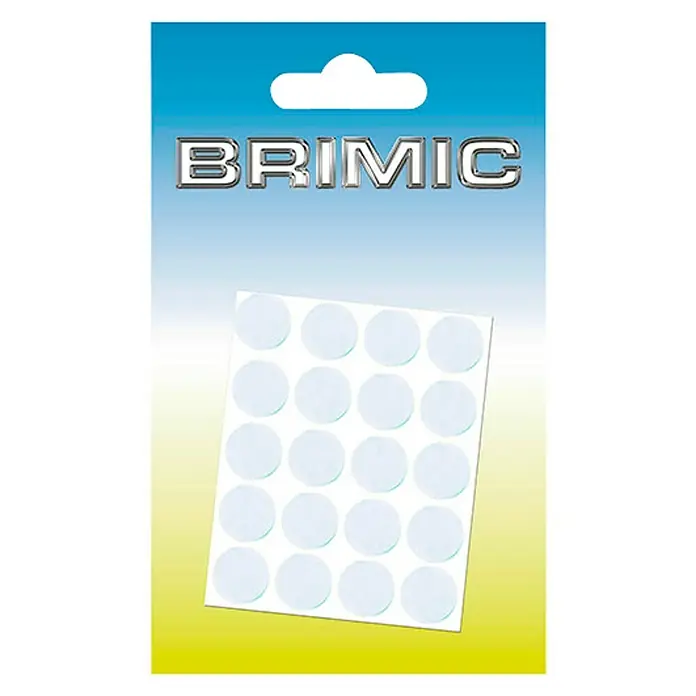 Micel Brimic Tapón embellecedor Pintable - Diámetro: 13 mm, Pegado, 20 ud. - La imagen muestra un paquete de veinte etiquetas adhesivas transparentes BRIMIC dispuestas sobre una tarjeta blanca. Ideal para aplicaciones versátiles.