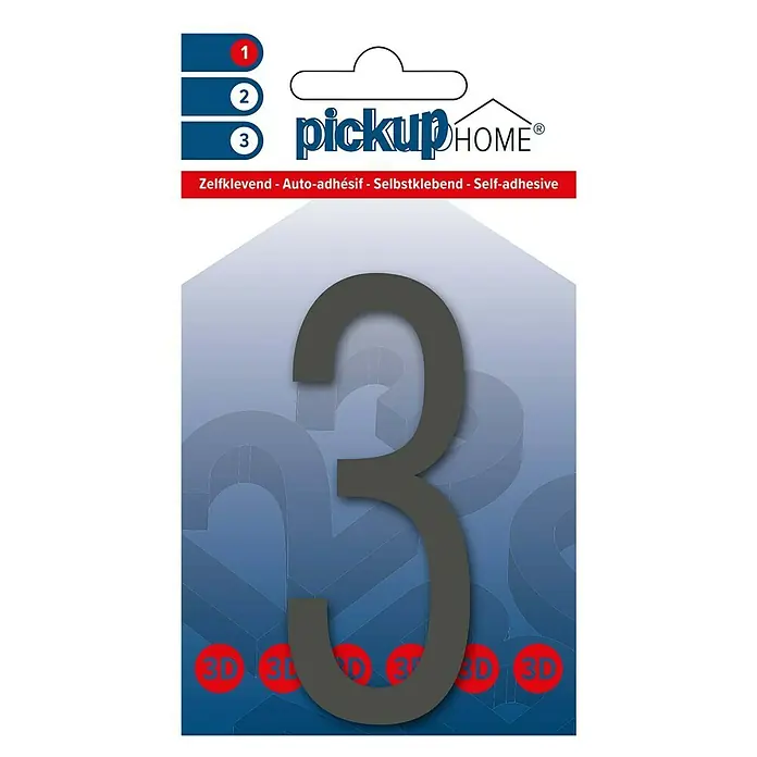 Pickup 3D Home Hausnummer Oslo - Höhe: 9 cm, Motiv: 3, Grau, Kunststoff, Selbstklebend - Selbstklebende Hausnummer 3 von Pickup Home. Die Nummer ist in einem Grauton gehalten und verspricht eine einfache Anbringung.