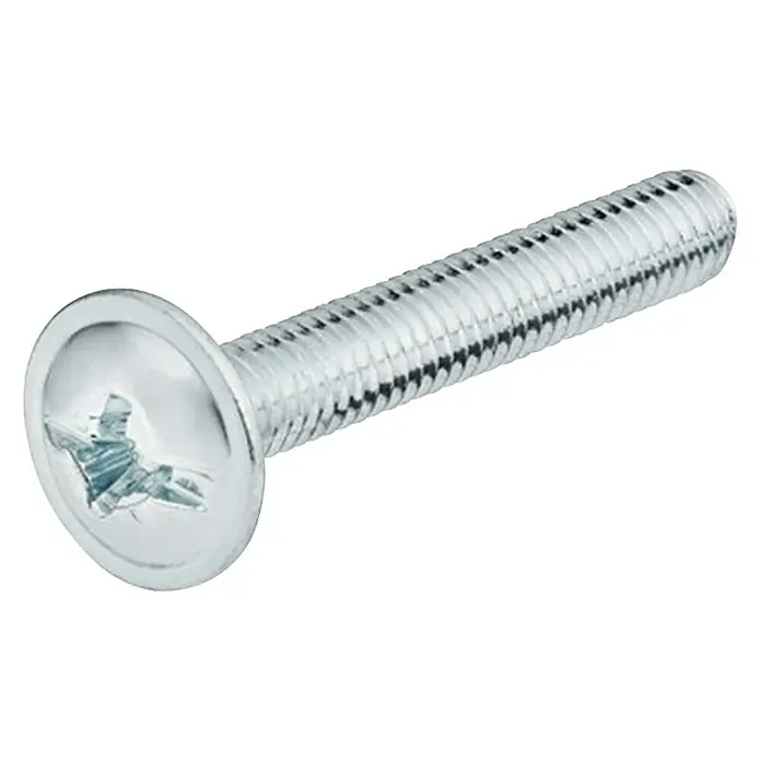 Suki Tornillo roscado - Ø x L: 4 x 15 mm, Acero, Cabeza de arandela, Ranura en cruz PZ 2 - Primer plano de un tornillo de cabeza avellanada metálico plateado brillante con cabeza Phillips sobre un fondo negro.