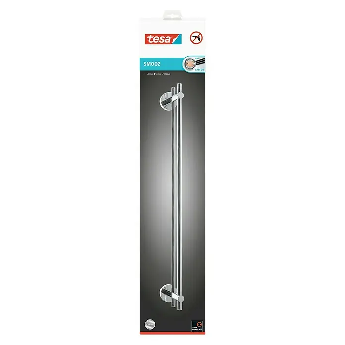 Tesa Smooz Soporte doble de toalla - 2 brazos, Cromo, Resplandeciente - Toallero Tesa Smooz para montaje en pared. Accesorios de baño prácticos con una superficie brillante e hidrófuga para cada baño.