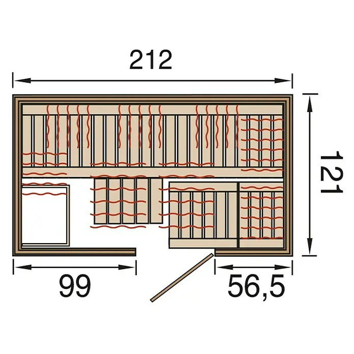 Weka Infrarot-Sauna-Kombikabine Uppsala - Therm-Flächenstrahler + 3,6 kW Bio-Saunaofen, 121 x 212 x 199 cm - Draufsicht eines Sauna-Grundrisses mit Maßangaben für Planung und Bau, ideal für Architekten.