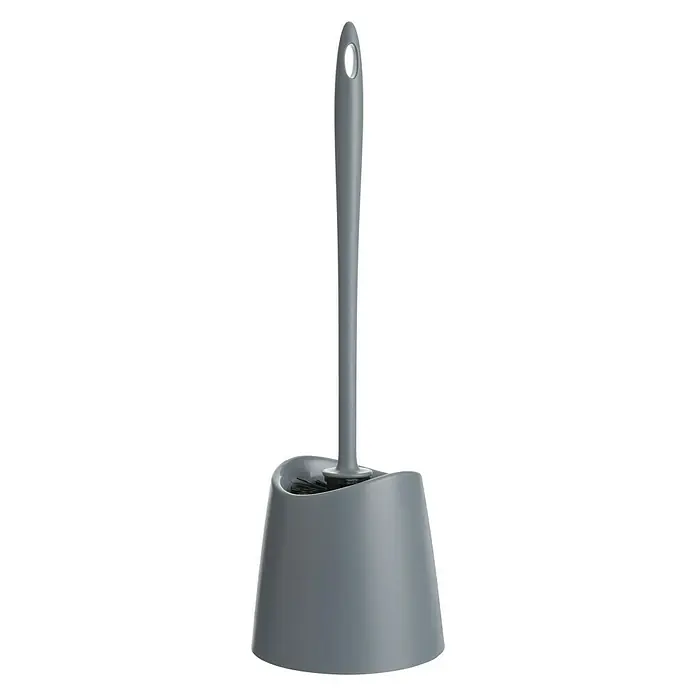 Tatay Standard Escobillero de suelo - Polipropileno, Antracita - Cepillo de baño gris con soporte. El cepillo tiene un mango largo y el recipiente tiene una parte superior curvada.