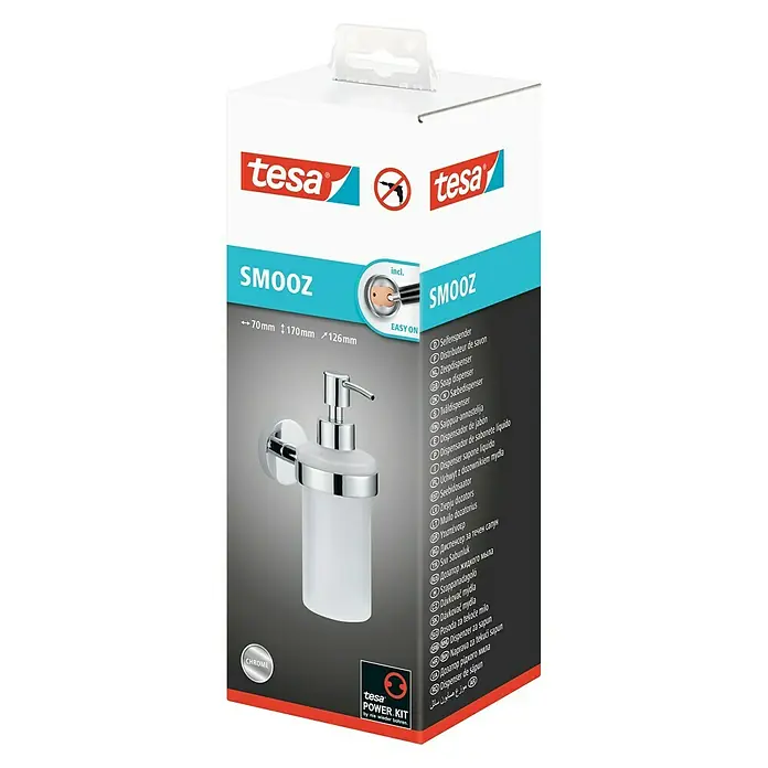 Tesa Smooz Seifenspender - Mit Halterung, Metall, Satiniert/Chrom - Bild einer Tesa Smooz Seifenspender-Verpackung, die das Produkt mit Chromfinish und die einfache Installation hervorhebt.