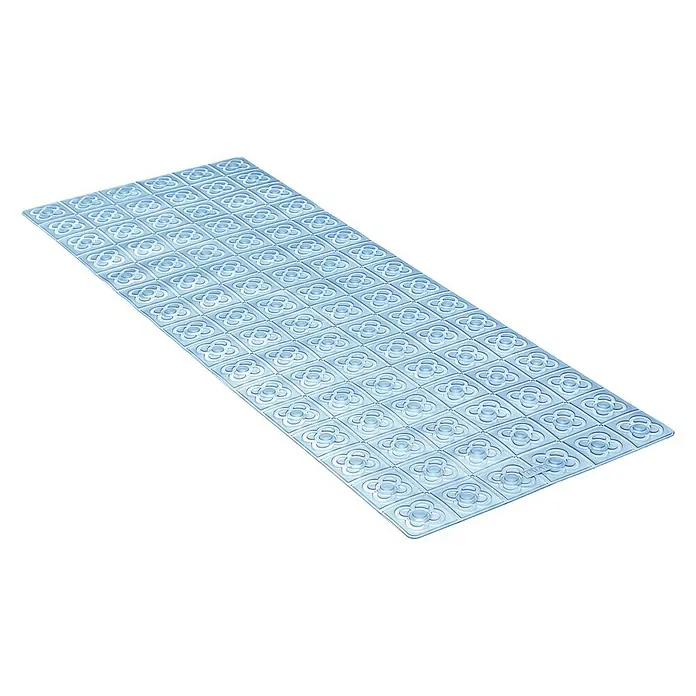 Tatay Alfombra antideslizante para ducha BCN - 36 x 96 cm, PVC, Azul - La imagen muestra una alfombra de baño antideslizante de color azul claro con un diseño cuadrado con motivos florales para mayor seguridad.