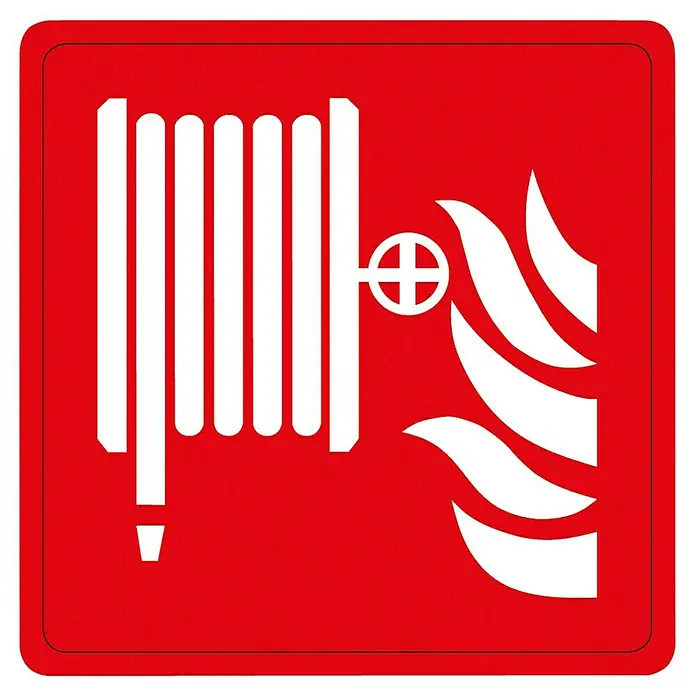 Pickup Aufkleber - L x B: 7,5 x 7,5 cm, Motiv: Wandhydrant - Rotes Schild mit weißer Darstellung eines Feuerwehrschlauchs und Flammen, das auf eine Feuerlöscheinrichtung hinweist.