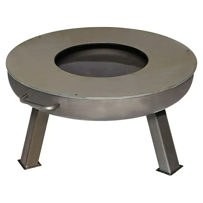 Buschbeck Grillplatte Plancha - Stahl, Passend für: Feuerschale mit Ø 80 cm - Ein runder, metallener Feuerkorb mit drei Beinen und einer Griffstange, ideal für den Außenbereich.