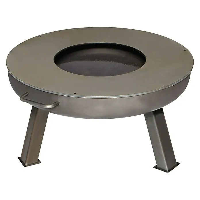 Buschbeck Grillplatte PlanchaStahl, Passend für: Feuerschale mit Ø 80 cm - Ein runder, metallener Feuerkorb mit drei Beinen und einer Griffstange, ideal für den Außenbereich.