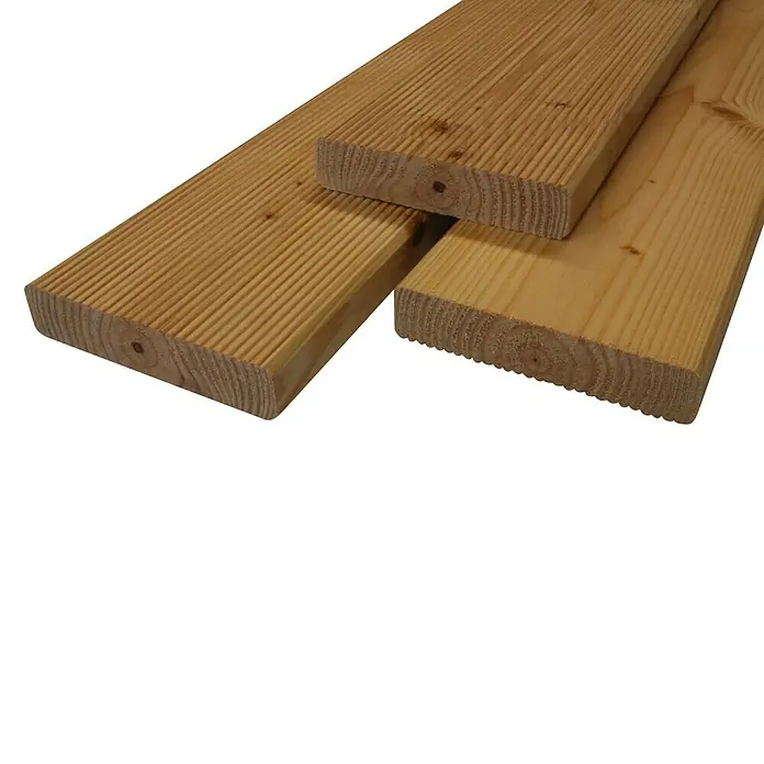 Glattkantbrett I - 200 x 9,5 x 1,9 cm, Douglasie - Drei profilierte, helle Holzbretter mit feiner Maserung liegen übereinander. Ideal für Terrassen oder als Baumaterial.