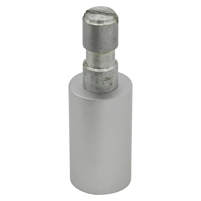 Expo Ambiente Trägerverlängerung Function - Aluminium, Geeignet für: Gardinenstangen Ø 20 mm - Nahaufnahme eines silbernen Metallbolzens mit Schlitzkopf, der auf einer zylindrischen Basis steht.