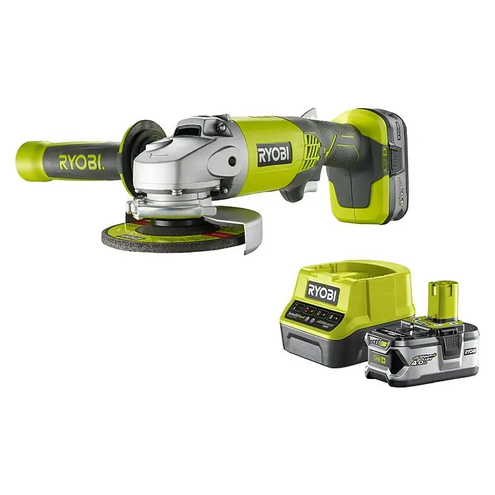 Ryobi ONE+ Akku-Winkelschleifer R18AG-140S - 1 Akku, 4 Ah, Durchmesser Scheibe: 115 mm, 7.500 U/min - Das Ryobi Akku-Winkelschleifer-Set mit Ladegerät und Akku, ideal für Schleifarbeiten. Kompakt, leistungsstark und kabellos für mehr Flexibilität.