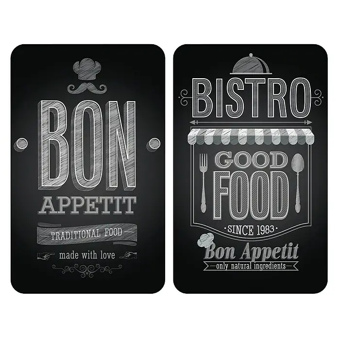 Wenko Placa de protección de vidrio Bon appetit - L x An: 52 x 30 cm, Bon Appetit, Panel de vidrio de seguridad - Dos letreros estilo pizarra que promocionan "Bon Appetit" y un "Bistro", enfatizando la buena comida e ingredientes naturales.