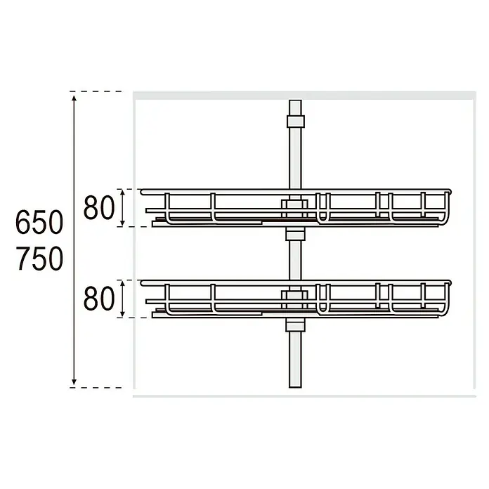 Estantería rinconera metálica semicircular 80 - L x An x Al: 520 x 900 x 450 mm, Cromo - Ilustración de un mueble de cocina con dos cestas de estante, dimensiones verticales.