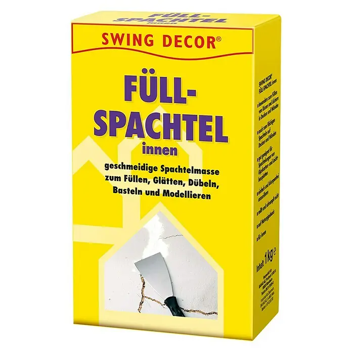 Swing Decor Füllspachtel Innen - 1 kg - Produktverpackung von Swing Decor Füll-Spachtel innen, einer geschmeidigen Spachtelmasse zum Füllen, Glätten, Dübeln, Basteln und Modellieren.