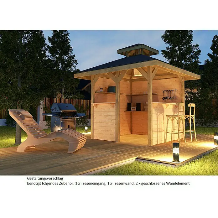Weka Pavillon 651 - 2,94 x 2,94 m, Fichte - Einladende Garten-Bar mit Grill und Liegestuhl auf einer Holzterrasse im Garten.