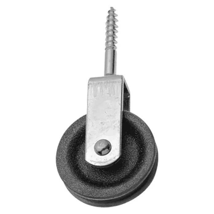 Stabilit Vogelrolle - Durchmesser: 50 mm, Für Seildurchmesser: 6 mm, Gusseisen - Nahaufnahme einer Schraubrolle mit einer Metallschiene und einem schwarzen Kunststoffrad für verschiedene Hebe- und Zuganwendungen.