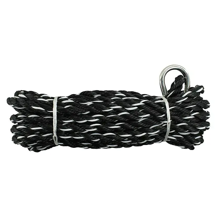 Stabilit Cuerda - 14 mm x 10 m, Plástico, Negro/blanco, Carga soportada: 370 kg - Una cuerda negra enrollada con detalles blancos, asegurada con una brida blanca, y un anillo de acero contra un fondo negro.