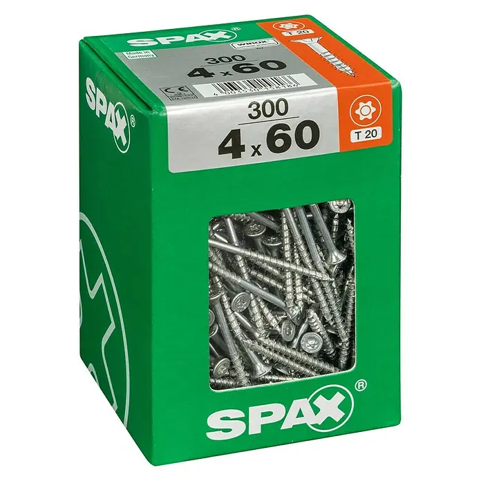 Spax T-Star plus Universalschraube T-Star plus - Ø x L: 4 x 60 mm, WIROX Oberfläche, T-Star plus, 300 Stk. - Eine grüne Verpackung Spax Schrauben, Größe 4x60, mit 300 Schrauben.