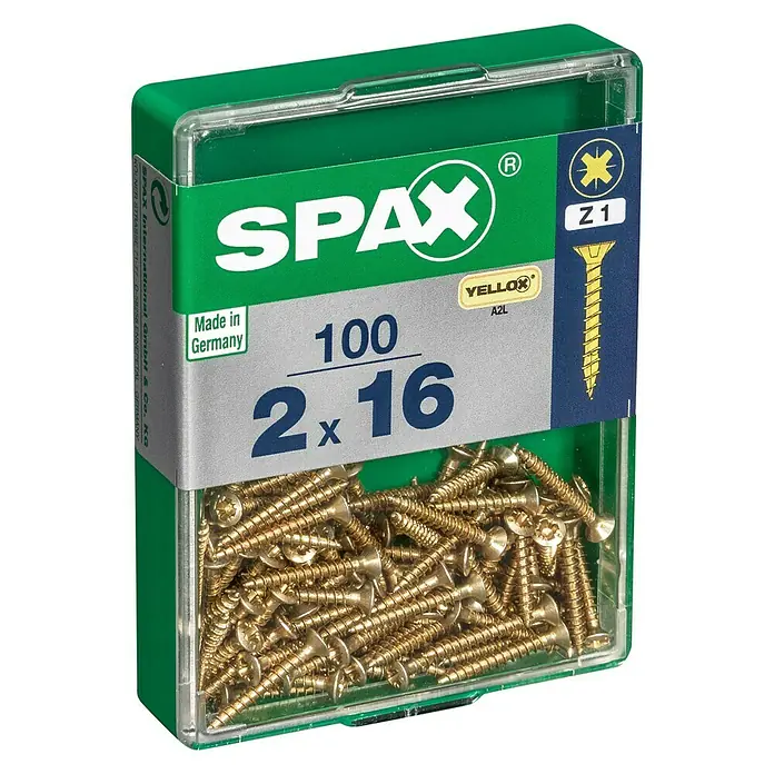 Spax Universalschraube - 2 x 16 mm, Vollgewinde, 100 Stk. - Dose Spax Universalschrauben Yellox A2L, 2x16mm, mit Senkkopf und Teilgewinde, ideal für Holzverbindungen, mit 100 Stück Inhalt.