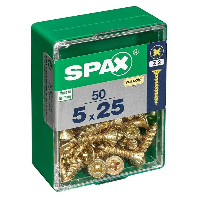 Spax Universalschraube - 5 x 25 mm, Vollgewinde, 50 Stk. - Dose mit 50 Spax Universalschrauben 5x25 mm, ideal für vielfältige Anwendungen im Innen- und Außenbereich. Die Schrauben sind hochwertig und langlebig.
