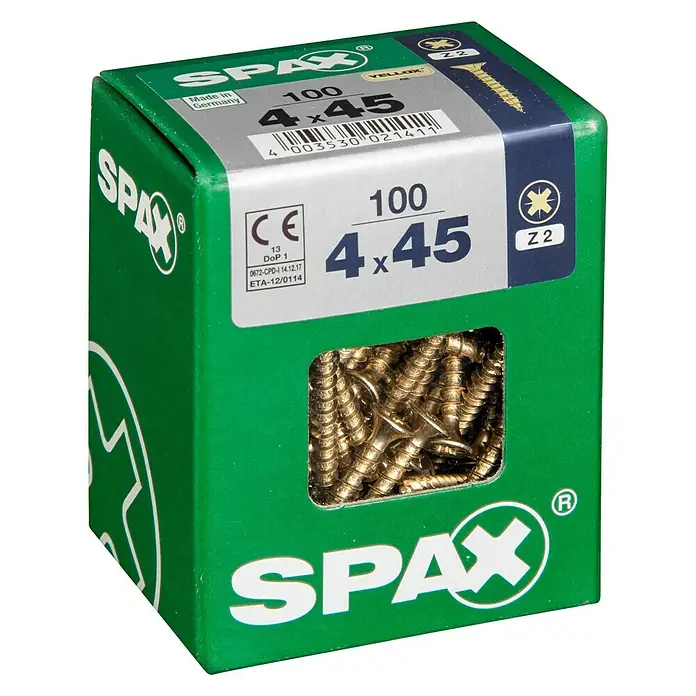 Spax Universalschraube - 4 x 45 mm, Vollgewinde, 100 Stk. - Eine grüne Schachtel Spax Schrauben, Größe 4x45, mit der Aufschrift "Made in Germany" und einer CE-Kennzeichnung.