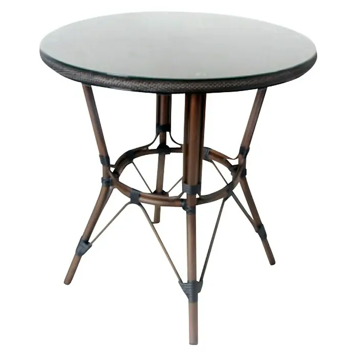 Mesa de jardín Sibuco - L x An x Al: 70 x 70 x 74 cm, Aluminio, Marrón oscuro - Esta elegante mesa de ratán con tapa de cristal es perfecta para cualquier espacio. La mesa es robusta y elegante, un bonito complemento.