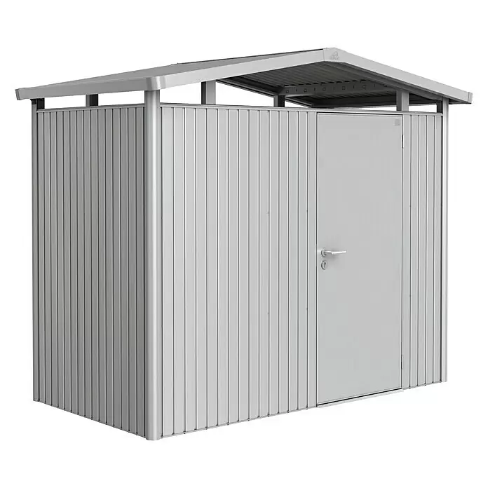 Biohort Panorama Gerätehaus P1 - Außenmaß inkl. Dachüberstand (B x T): 273 x 158 cm, Stahl, Silber Metallic, Einzeltür - Silbergrauer Metallschuppen mit Tür und schrägem Dach.