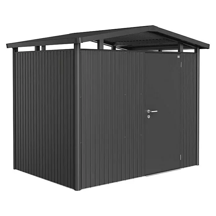 Biohort Panorama Gerätehaus P2 - Außenmaß inkl. Dachüberstand (B x T): 273 x 198 cm, Stahl, Dunkelgrau Metallic, Einzeltür - Dunkelgraues Metallgerätehaus mit Pultdach und Einzeltür, ideal zur Aufbewahrung im Freien.