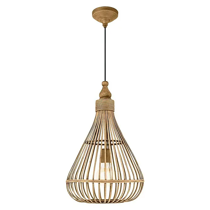 Eglo Pendelleuchte rund Amsfield - Ø x H: 350 mm x 110 cm - Pendelleuchte mit einem Lampenschirm aus hellem Holz, der wie eine umgedrehte Birne geformt ist und ein dekoratives, stimmungsvolles Licht erzeugt.