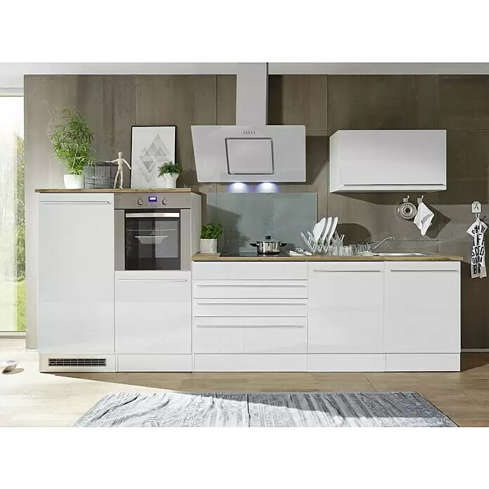 Respekta Premium Composición de cocina Gabriel - Ancho: 320 cm, Blanco, Con electrodomésticos - Mueble de cocina blanco moderno con encimeras de madera y electrodomésticos integrados en un entorno actual.